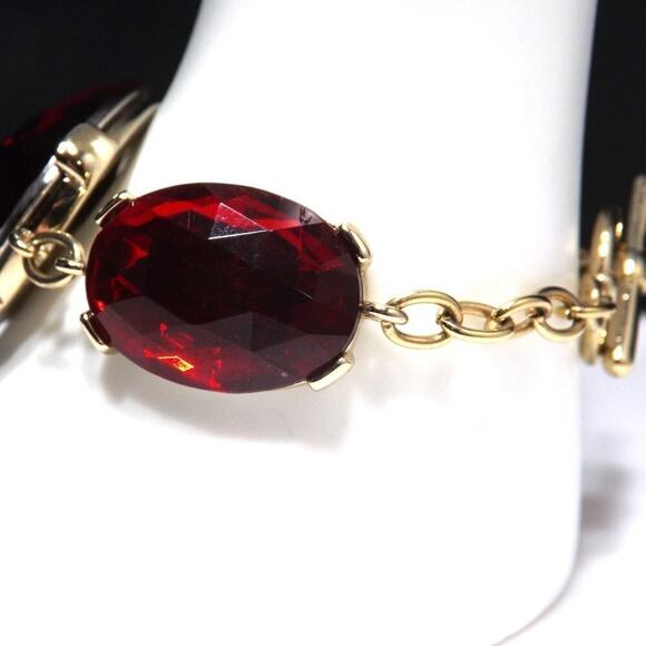 Liz Claiborne Red Faceted Glass Bracelet, Gold Tone Links, Toggle Clasp, 8 Inch - Picture 4 of 10